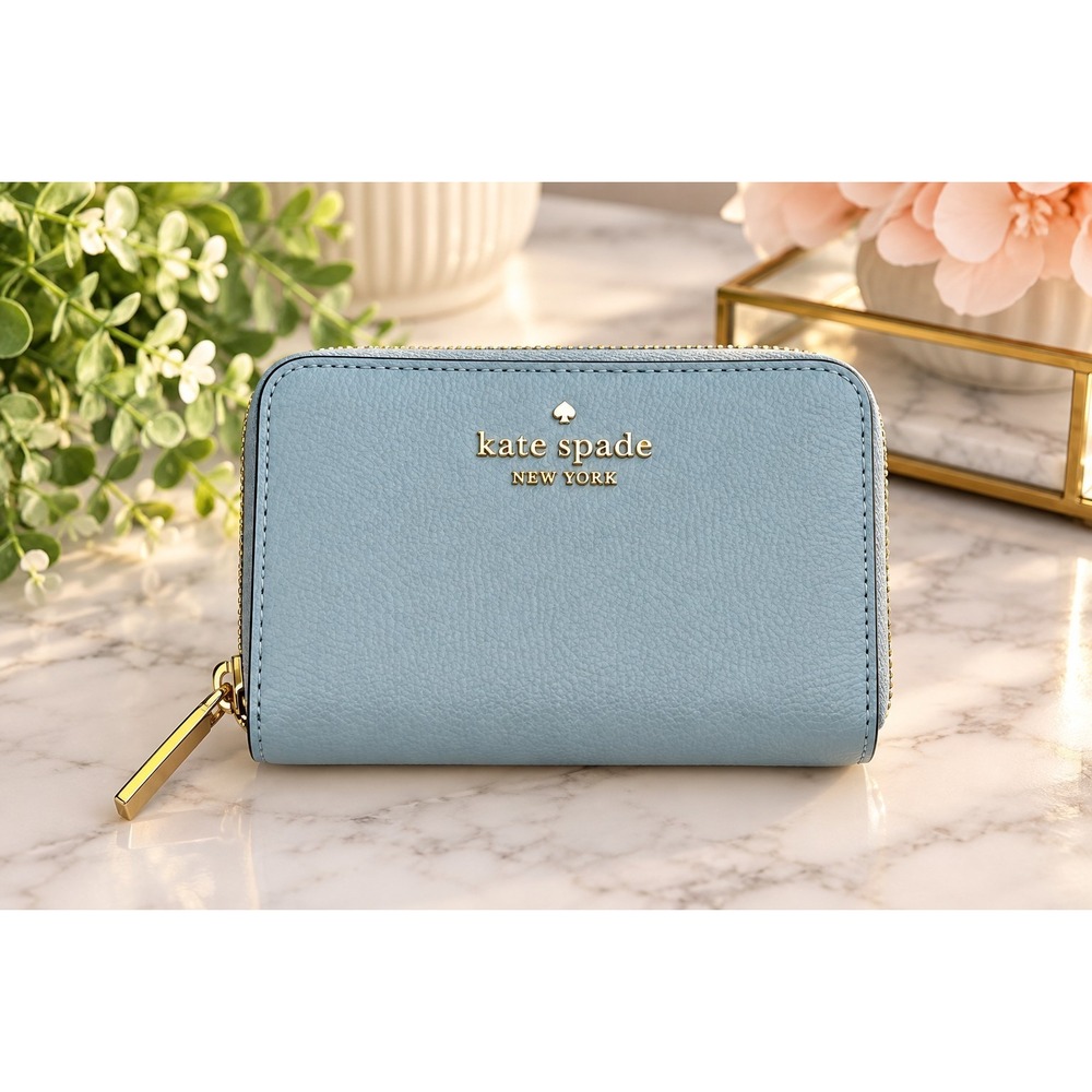 Kate Spade New York Small Zip Around Wallet Blue Pebbled Leather Gold Tone